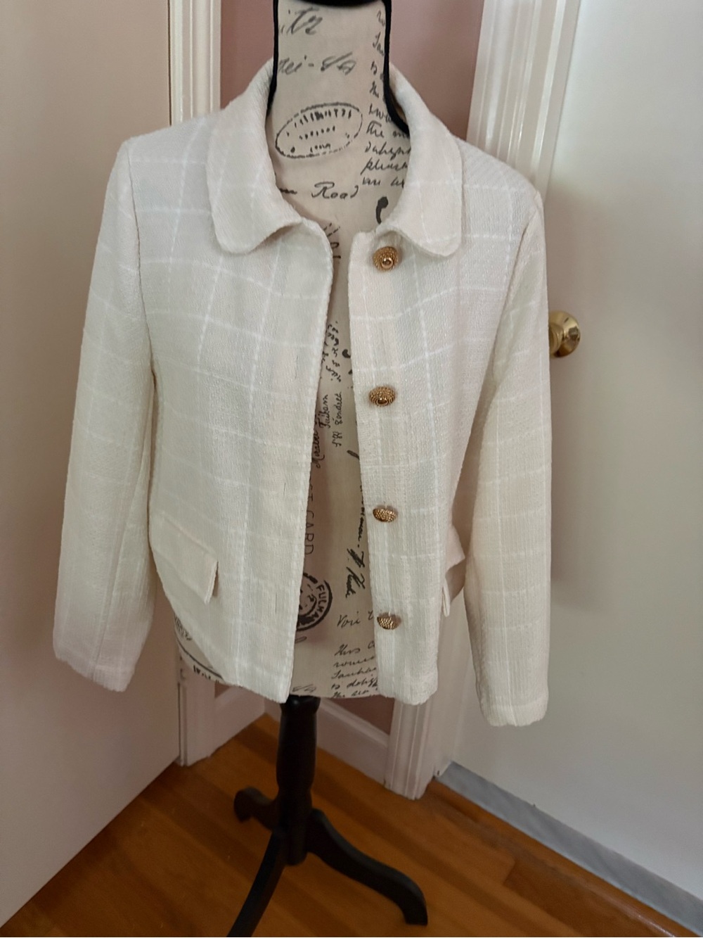Zara Cream Bouclé Blazer with Gold Buttons
